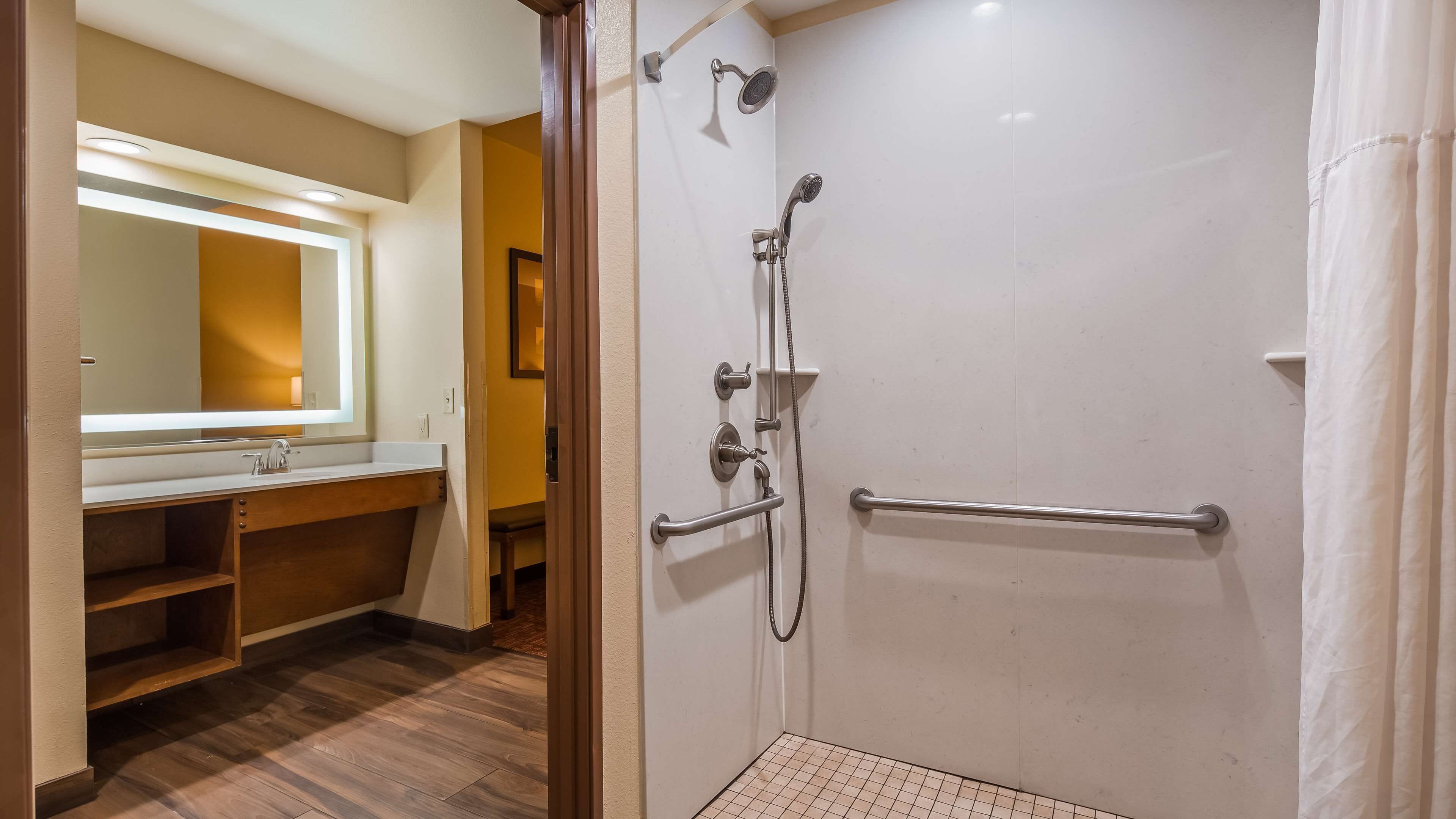 Une salle de bain avec une douche, un lavabo et un miroir.