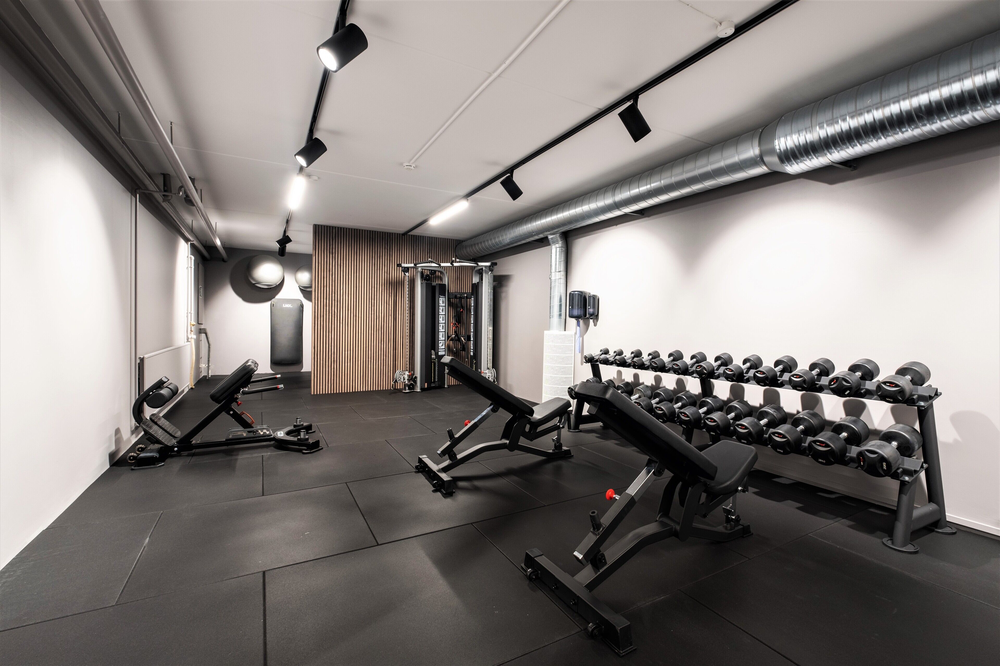 A gym with weightlifting equipment, a bench press, and a rack of dumbbells.