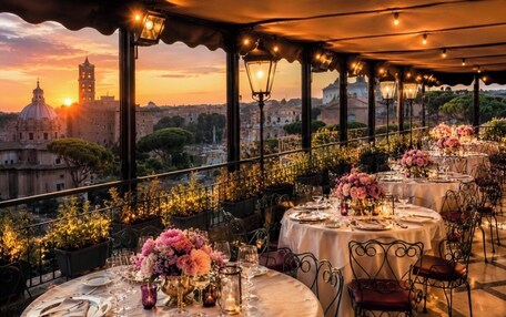A rooftop dining area with tables set for a meal, overlooking a cityscape with a prominent tower.