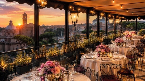 Un área de comedor en la azotea con mesas dispuestas para una comida, con vistas a un paisaje urbano donde destaca una torre imponente.