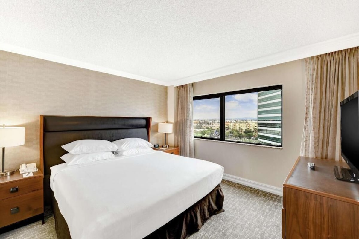 A hotel room with a bed, a TV, a window with a city view, and a nightstand with a lamp.