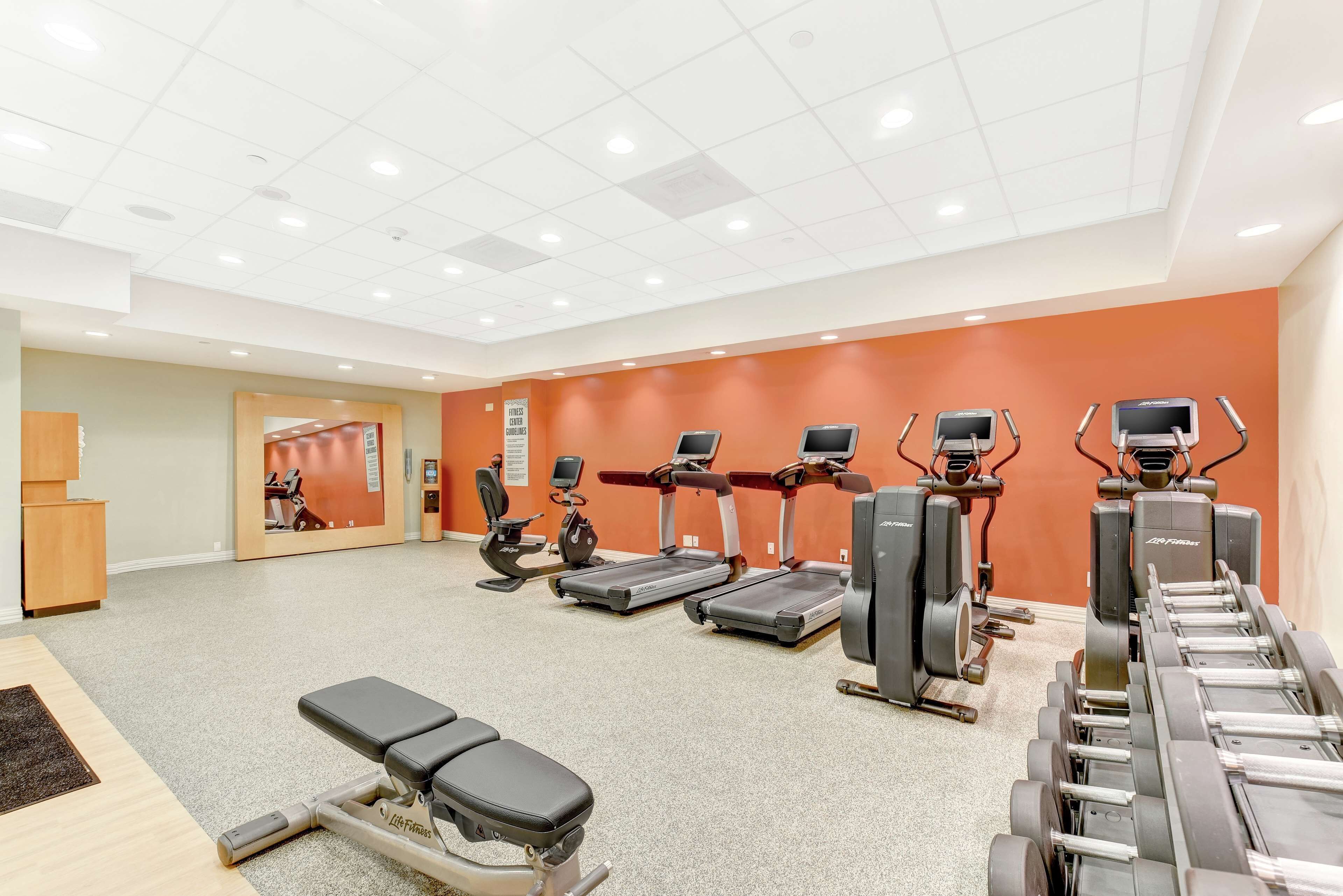 Une salle de sport équipée de tapis de course, de vélos elliptiques et de bancs de musculation.