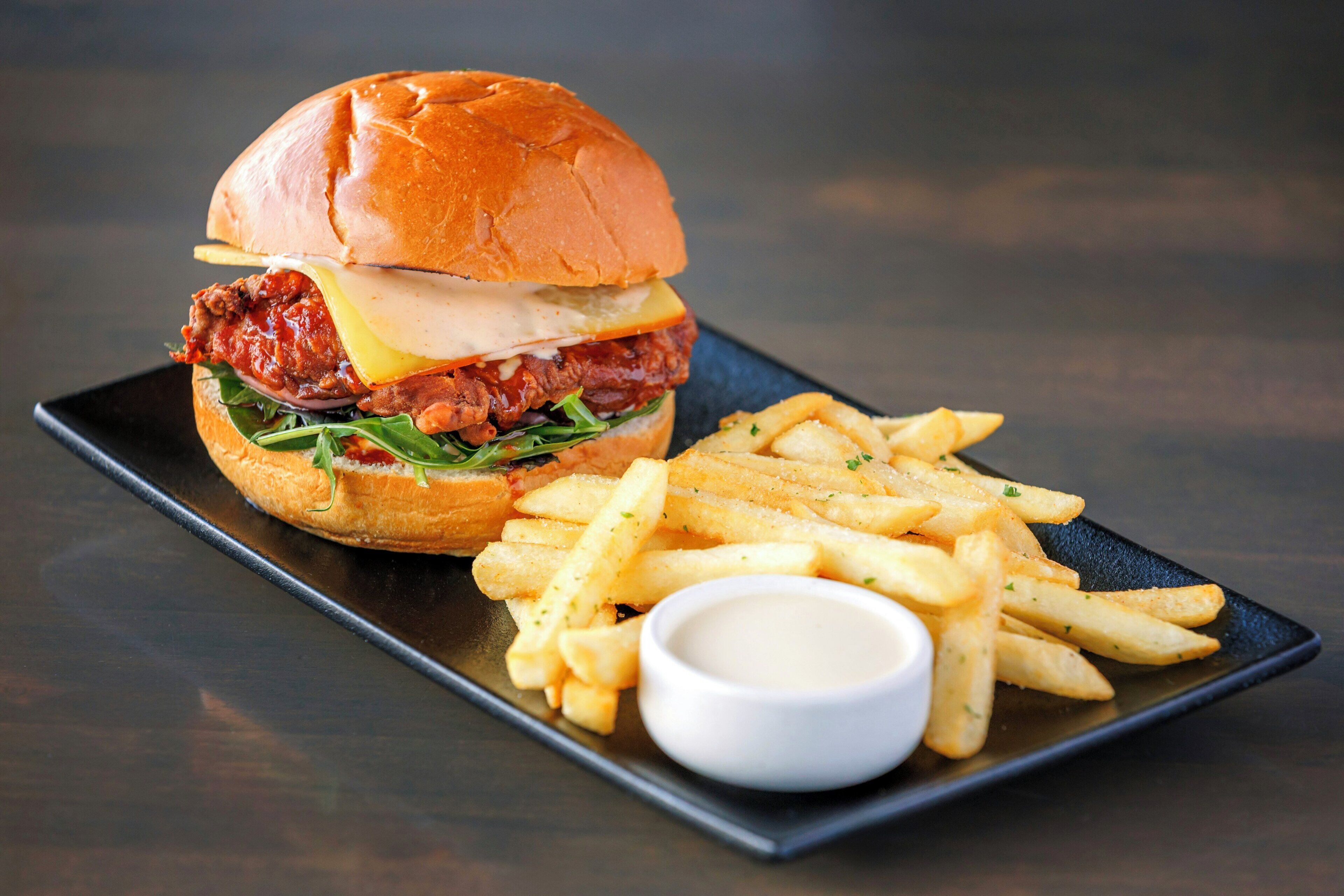 Una hamburguesa con papas fritas y una taza pequeña de salsa sobre un plato rectangular.