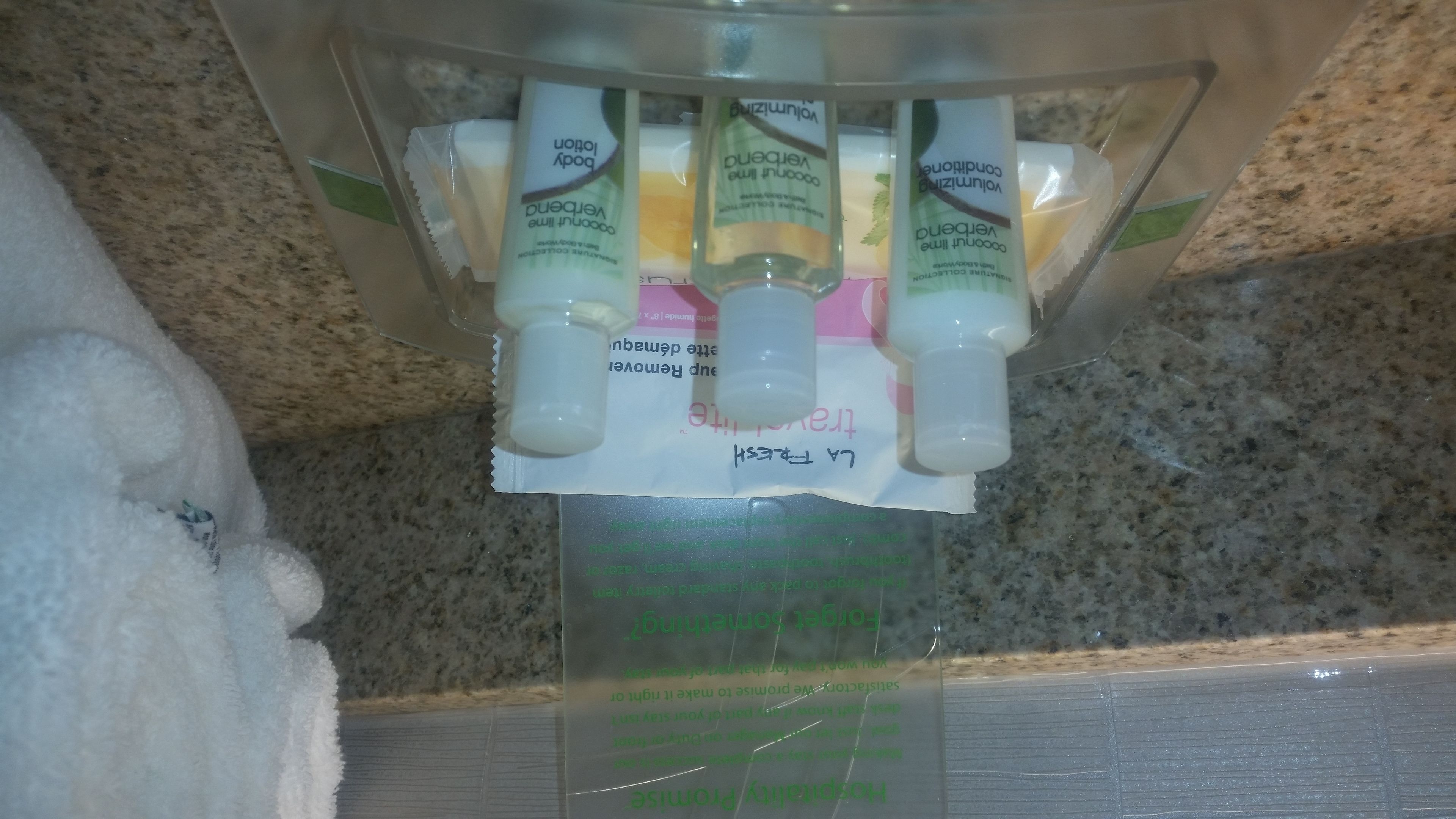 combined shower/bathtub, free toiletries, hair dryer, towels