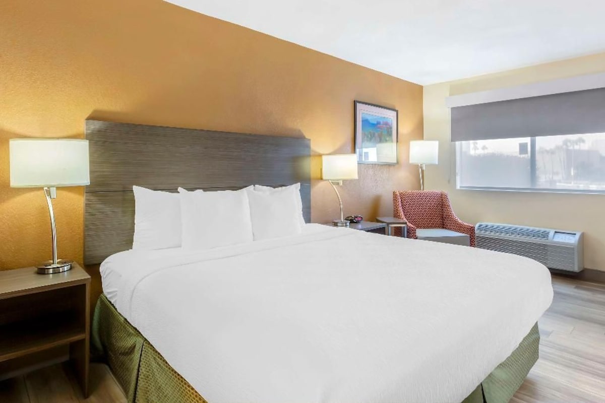 A hotel room with a large bed, two bedside tables, a chair, a window with a view, and a wall-mounted picture.