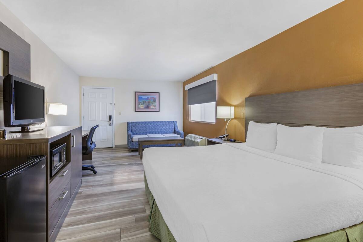 A hotel room with a large bed, a desk with a TV, a chair, a couch, and a painting on the wall.