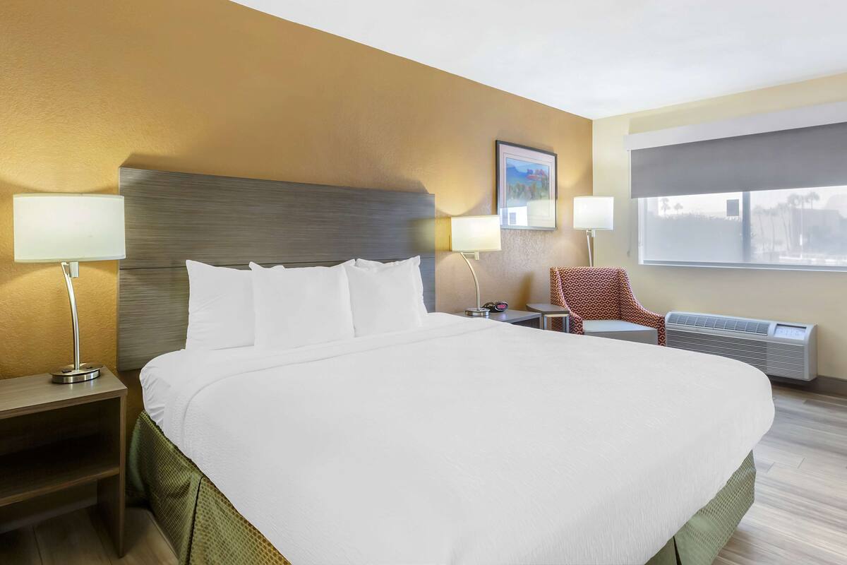 A hotel room with a large bed, two bedside tables, a chair, a window with a view, and a wall-mounted picture.