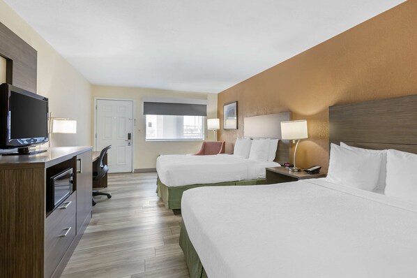 Standard Room, 2 Queen Beds, Non Smoking, Refrigerator & Microwave | 1 bedroom, desk, laptop workspace, blackout drapes