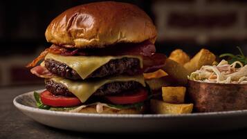A burger with bacon, cheese, and tomato on a bun, served with fries and a side salad.