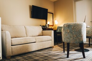 Individually decorated, desk, blackout curtains, iron/ironing board