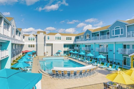 Outdoor pool, pool umbrellas, sun loungers