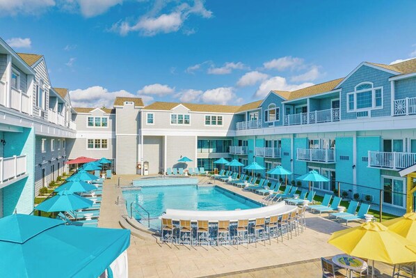 Outdoor pool, pool umbrellas, pool loungers