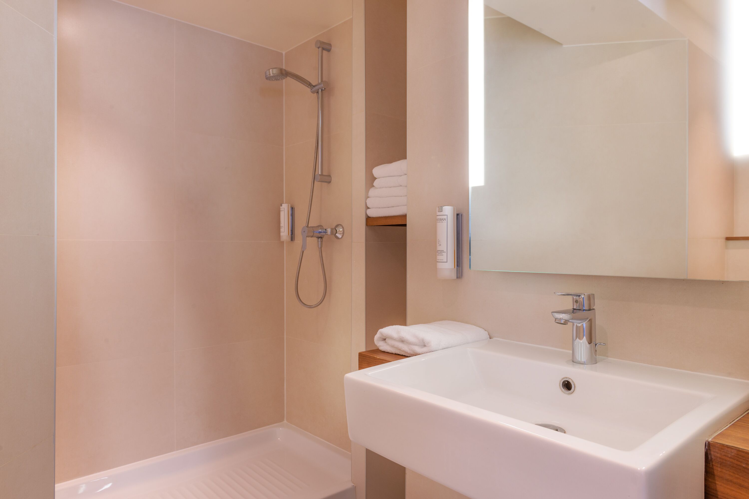 hair dryer, towels, soap, shampoo