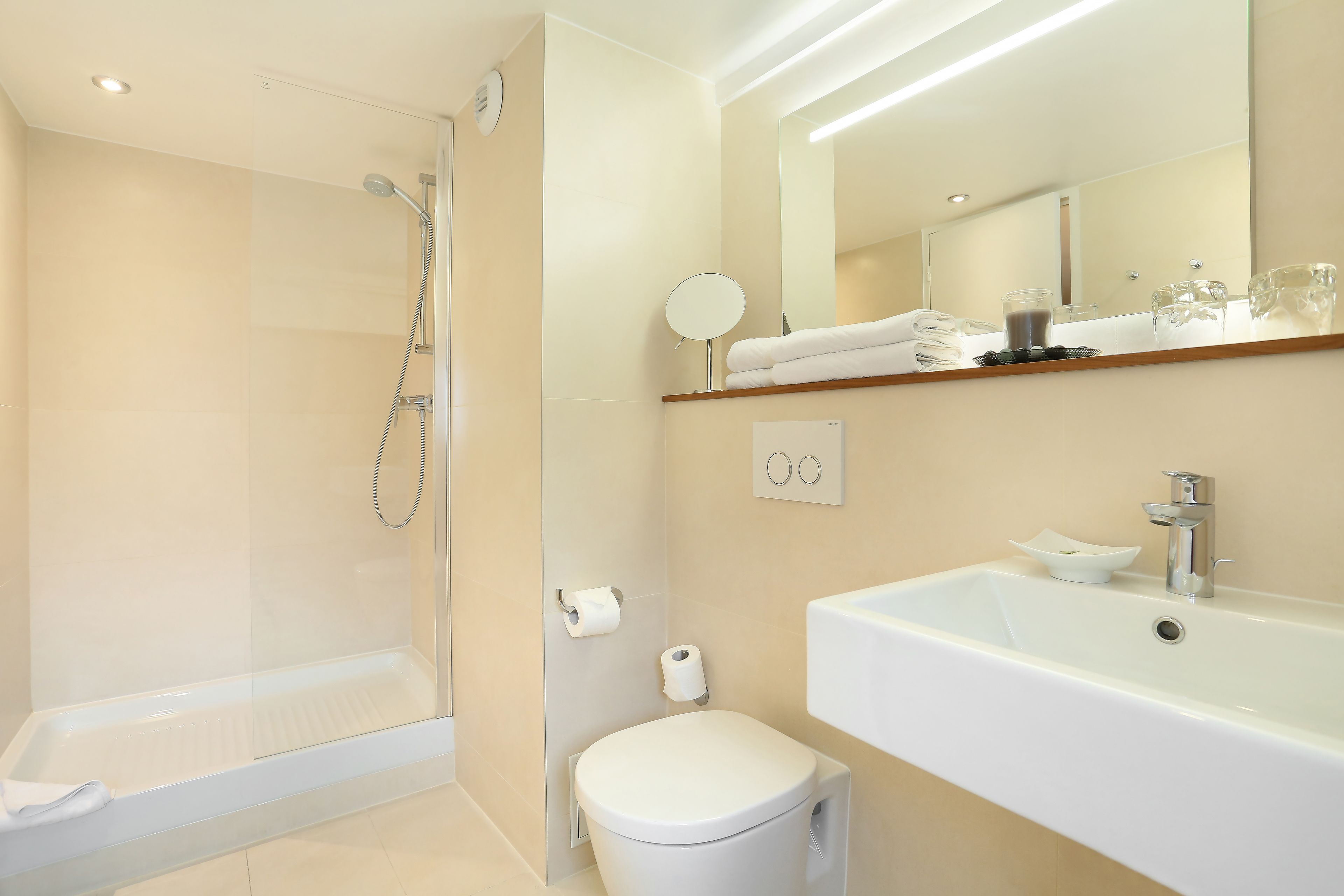 hair dryer, towels, soap, shampoo