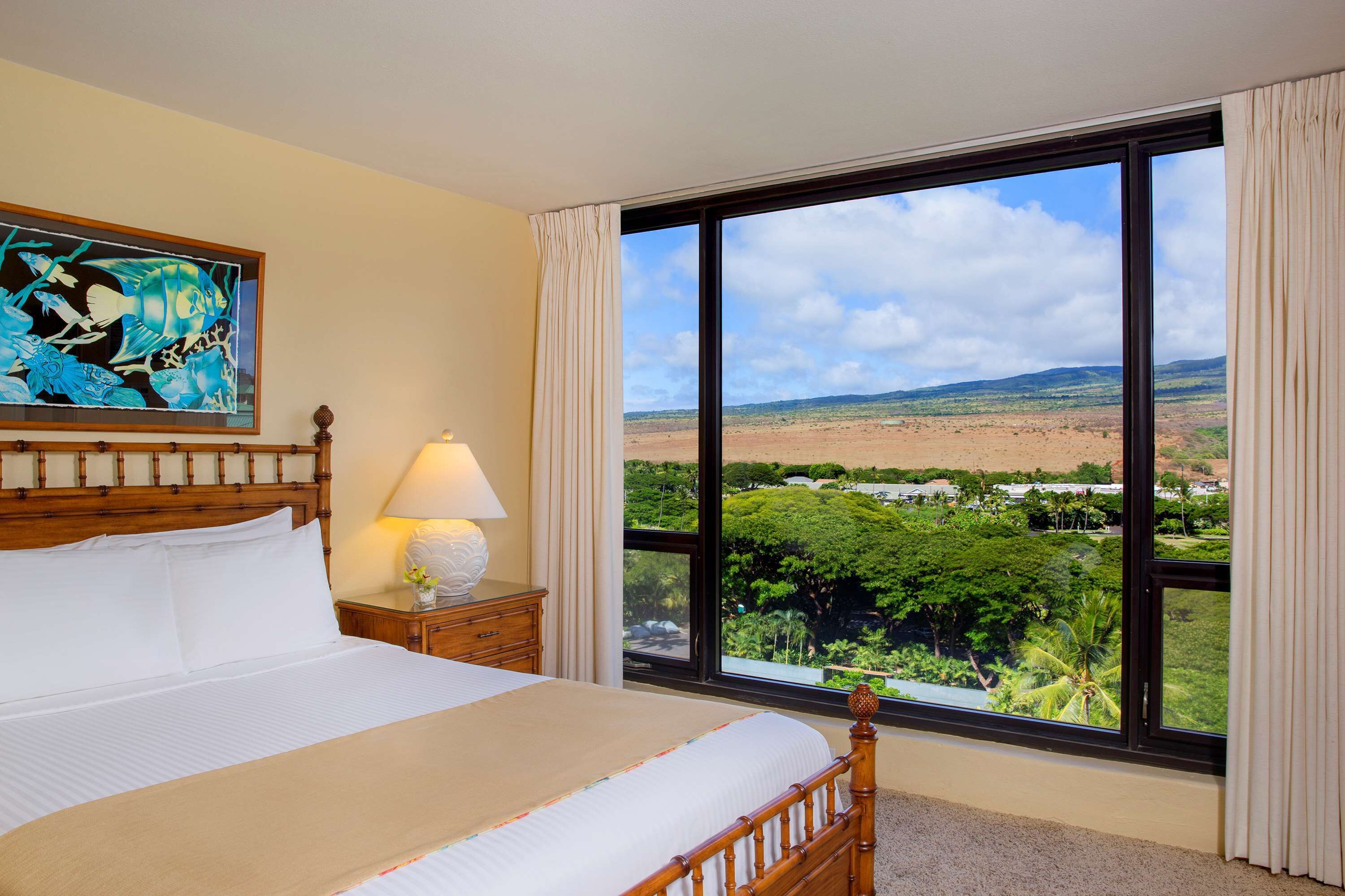 Habitación de hotel con una cama grande, una mesita de noche con lámpara, un cuadro en la pared y una ventana que ofrece vistas a un paisaje verde.