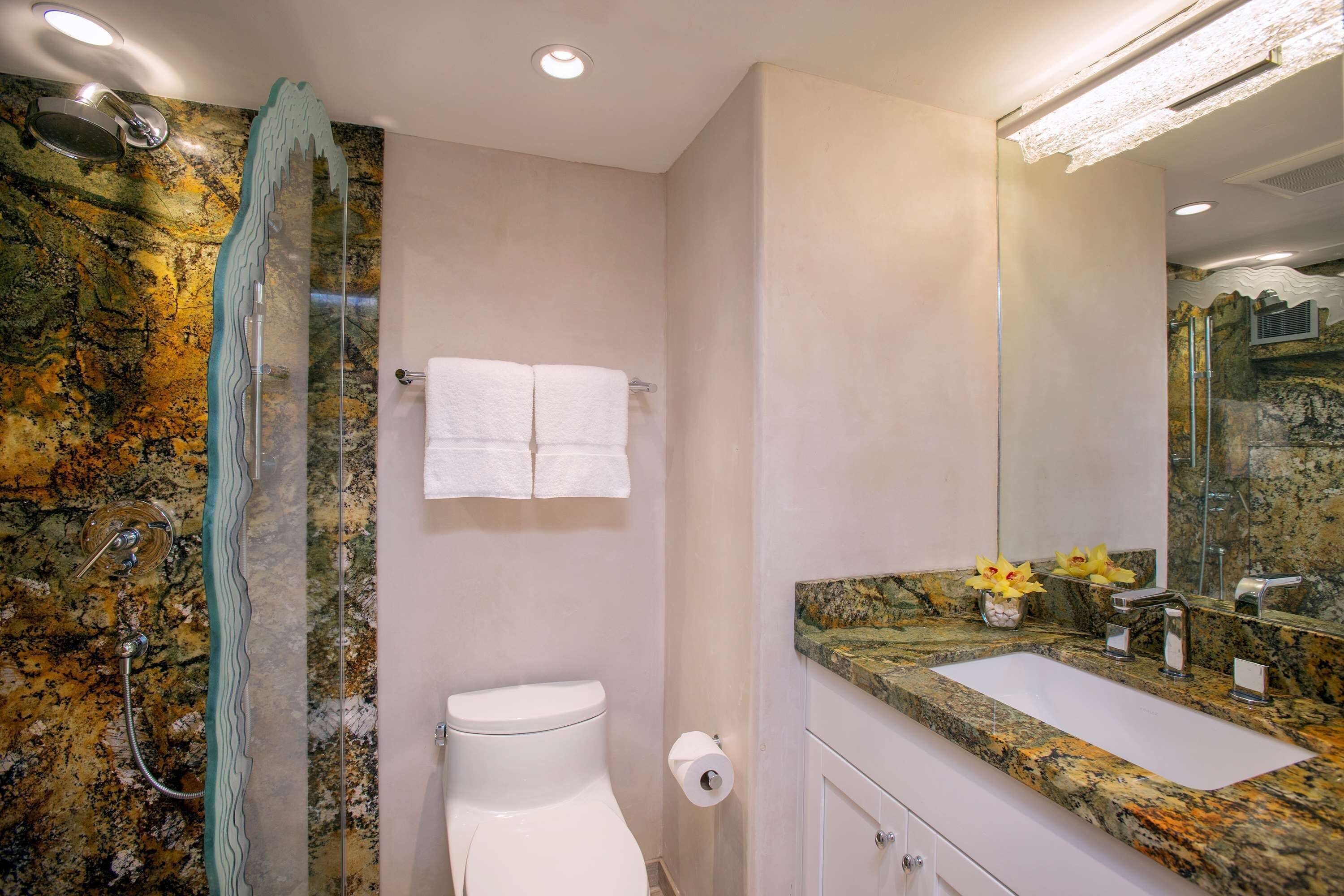 Une salle de bain avec un lavabo en marbre, une douche en verre et des toilettes.