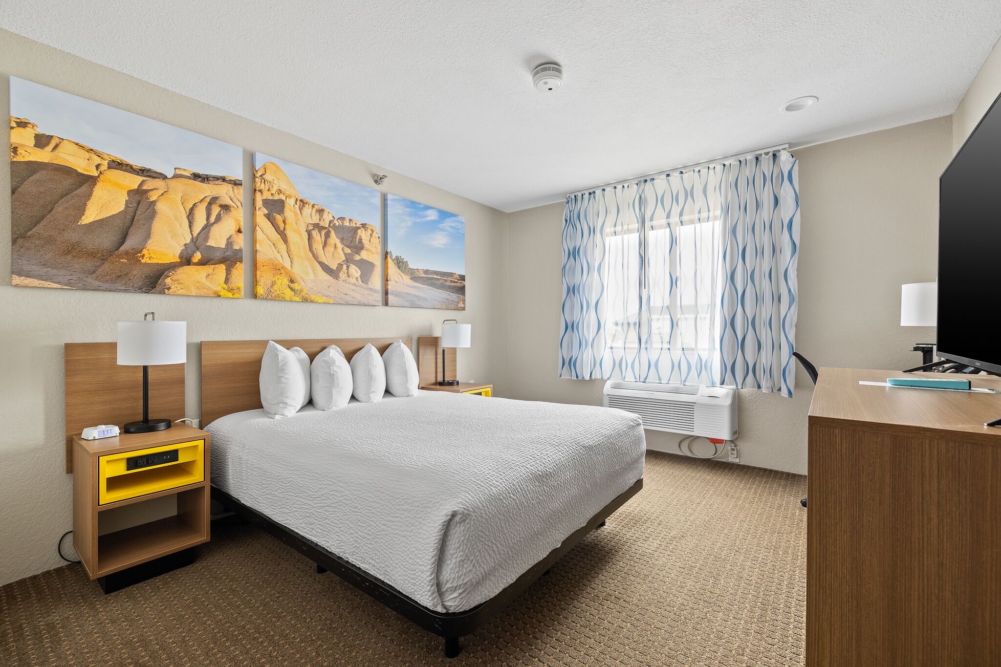 Habitación de hotel con cama, mesitas de noche, escritorio, televisor y grandes pinturas de paisajes desérticos en la pared.