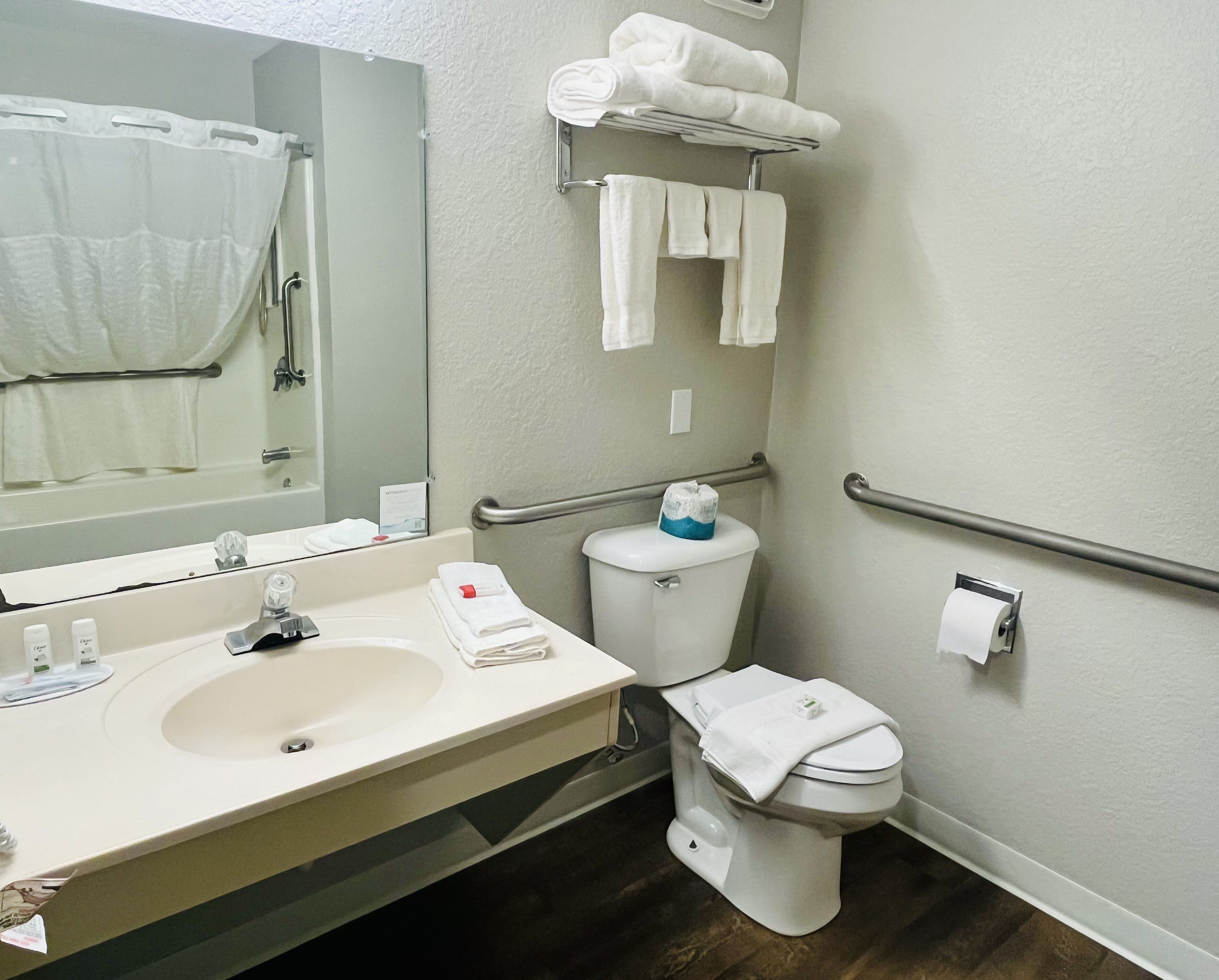 Un baño con lavamanos, espejo, inodoro y toallero.