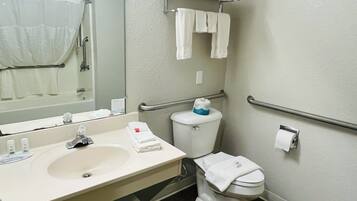 Un baño con lavamanos, espejo, inodoro y toallero.