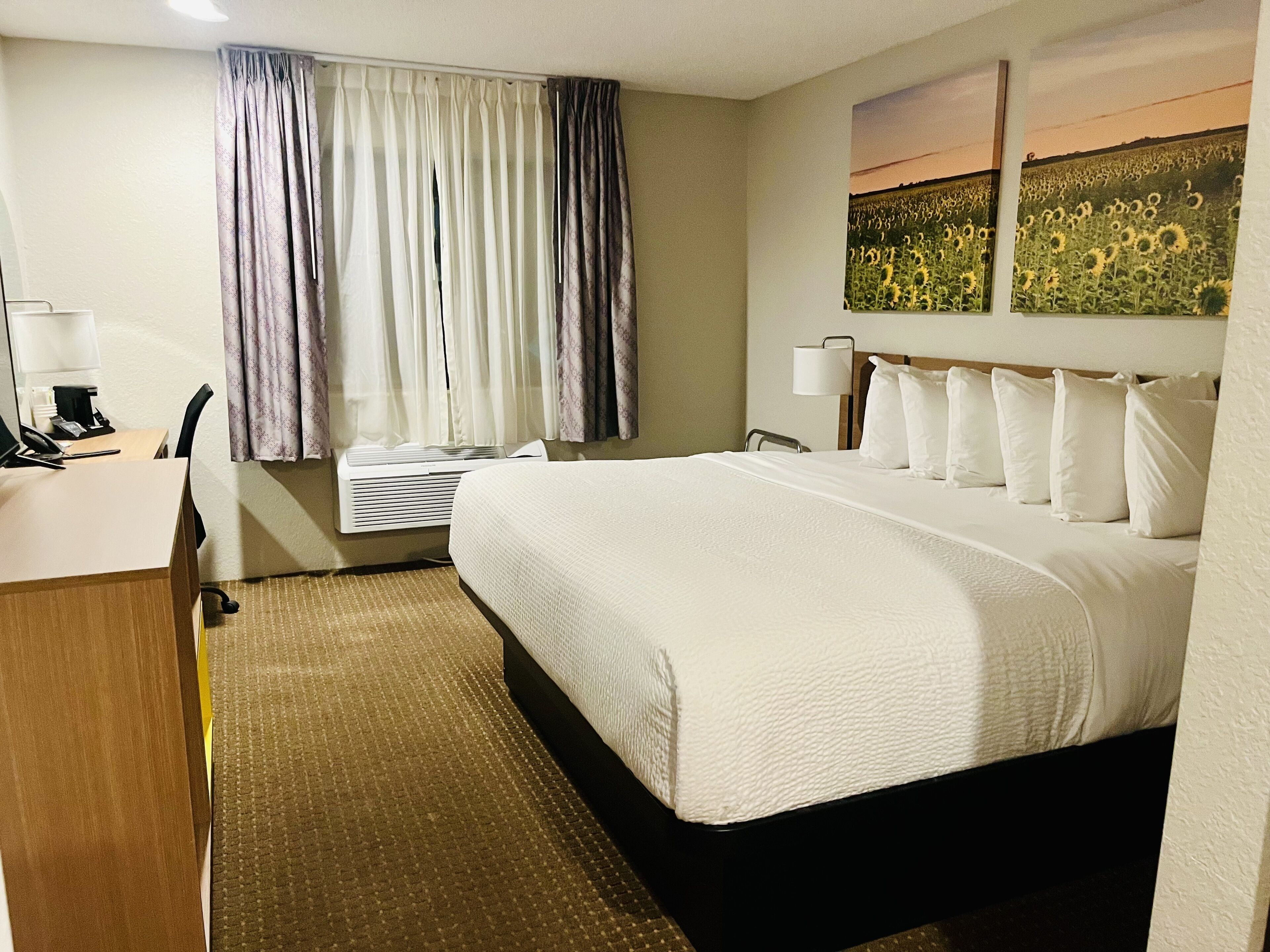 A hotel room with a bed, a desk, a chair, a lamp, and a window with curtains.