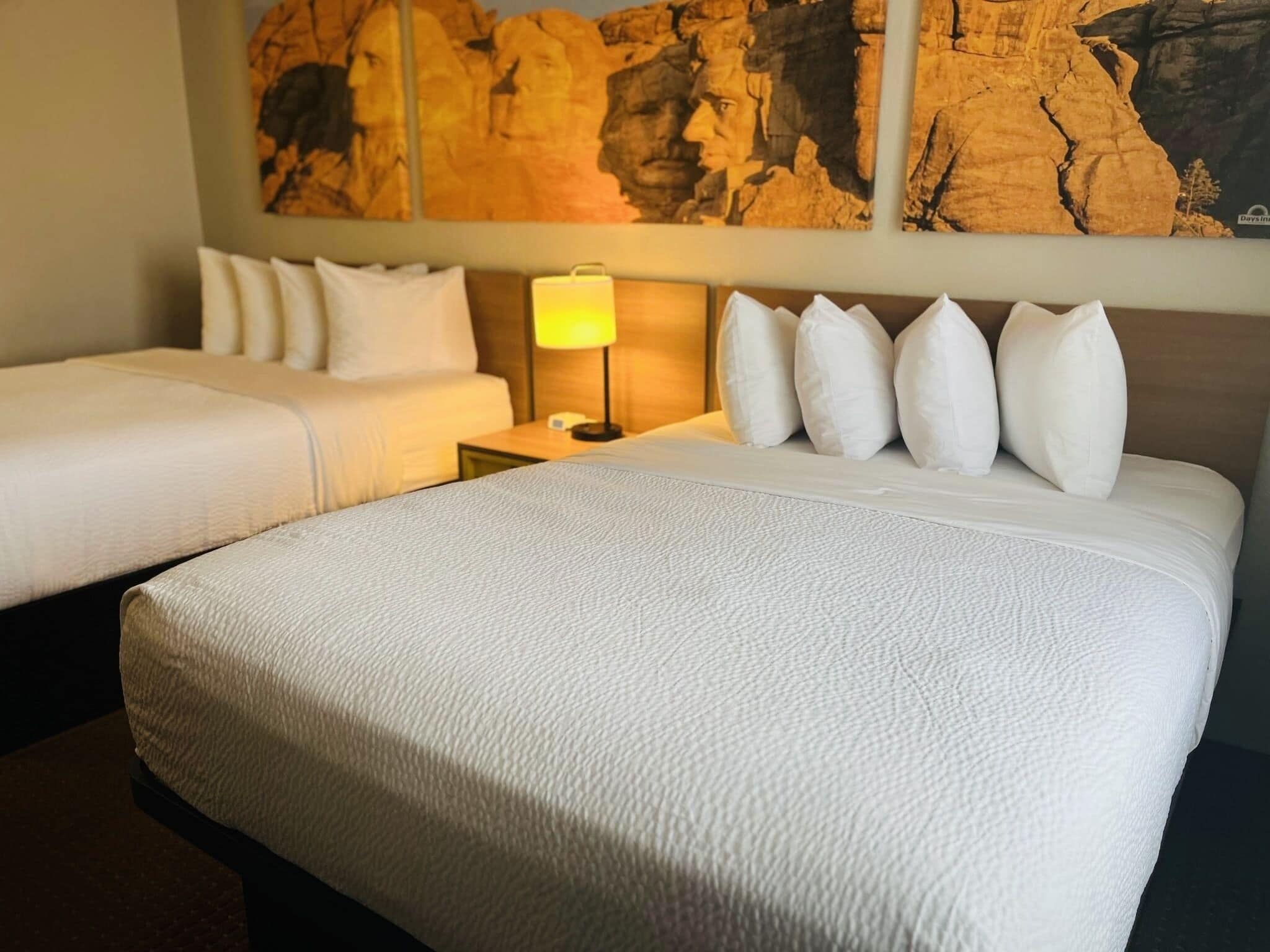 Habitación de hotel con dos camas, una mesita de noche con lámpara y un cuadro de rocas grande en la pared.