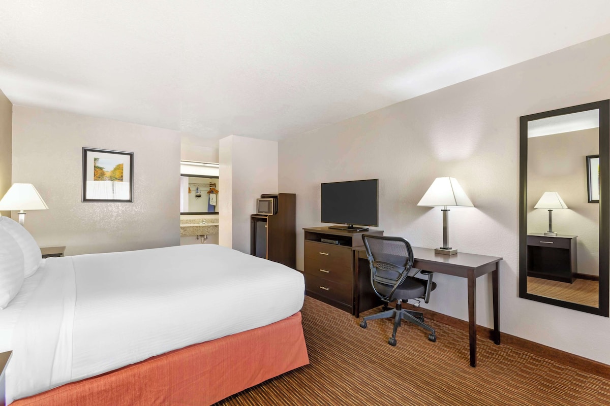 A hotel room with a large bed, a desk with a chair, a television, and a mirror on the wall.