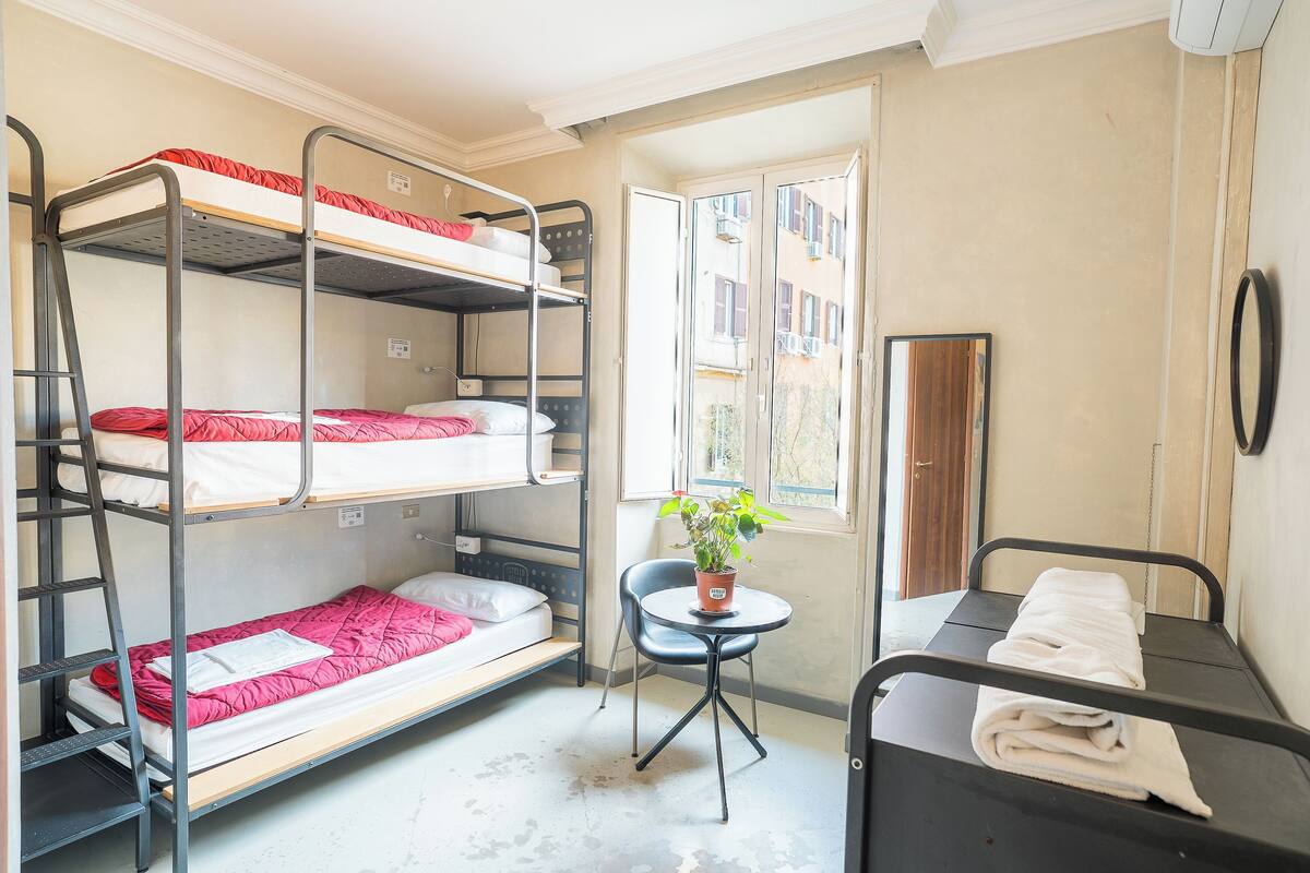 Une chambre de dortoir avec des lits superposés, une petite table avec une plante et une fenêtre donnant sur des immeubles.