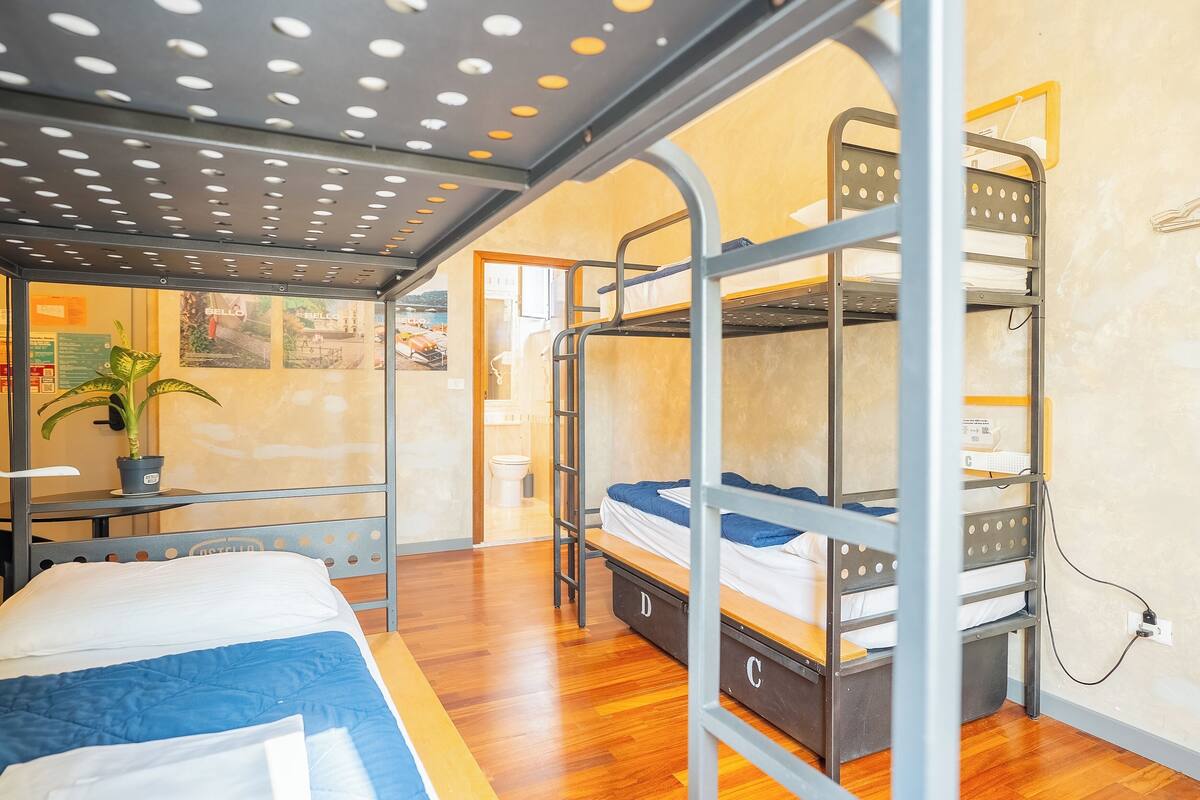 Une chambre avec des lits superposés, un plancher en bois, un bureau agrémenté d’une plante et une salle de bain visible à travers une porte ouverte.