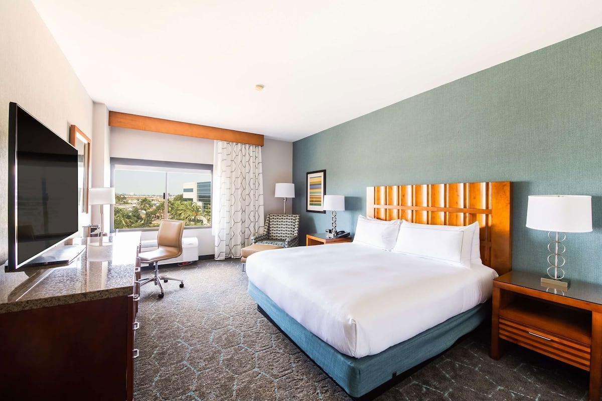 A hotel room with a large bed, a desk with a flat-screen TV, a chair, a nightstand with a lamp, and a view of palm trees through the window.