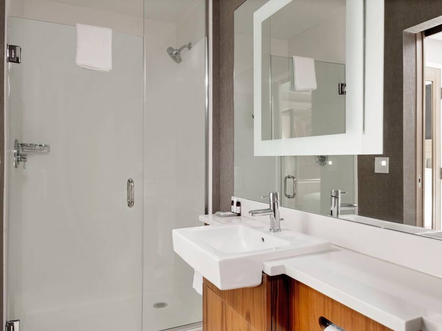 A modern bathroom with a glass shower enclosure, a white sink, and a large mirror.