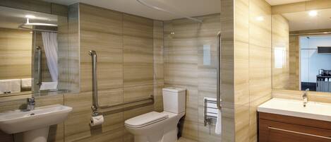 Shower, eco-friendly toiletries, hair dryer, towels