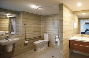 Shower, eco-friendly toiletries, hair dryer, towels