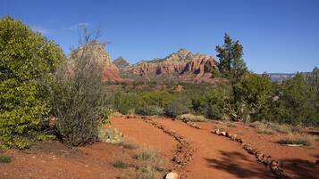 A desert landscape with a dirt path leading to a mountain range.
