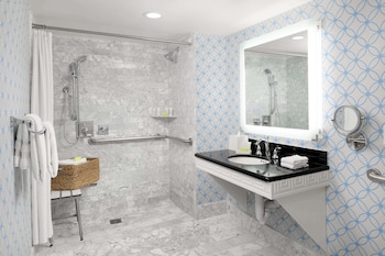 Combined shower/tub, hair dryer, towels at Hyatt Centric Delfina Santa Monica