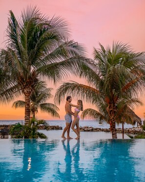 Outdoor pool, pool umbrellas, pool loungers