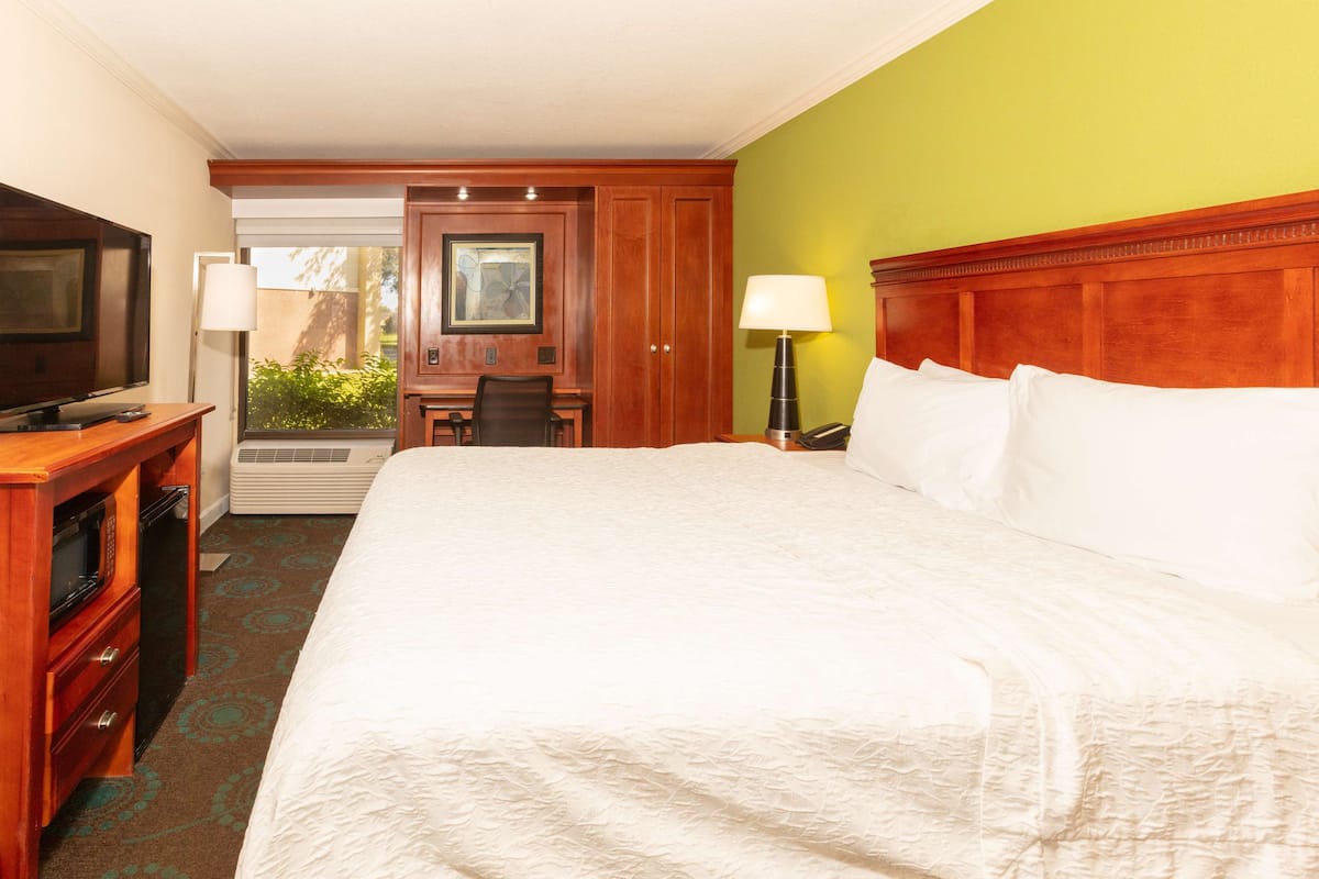 A hotel room with a large bed, a television, a desk with a chair, and a lamp.