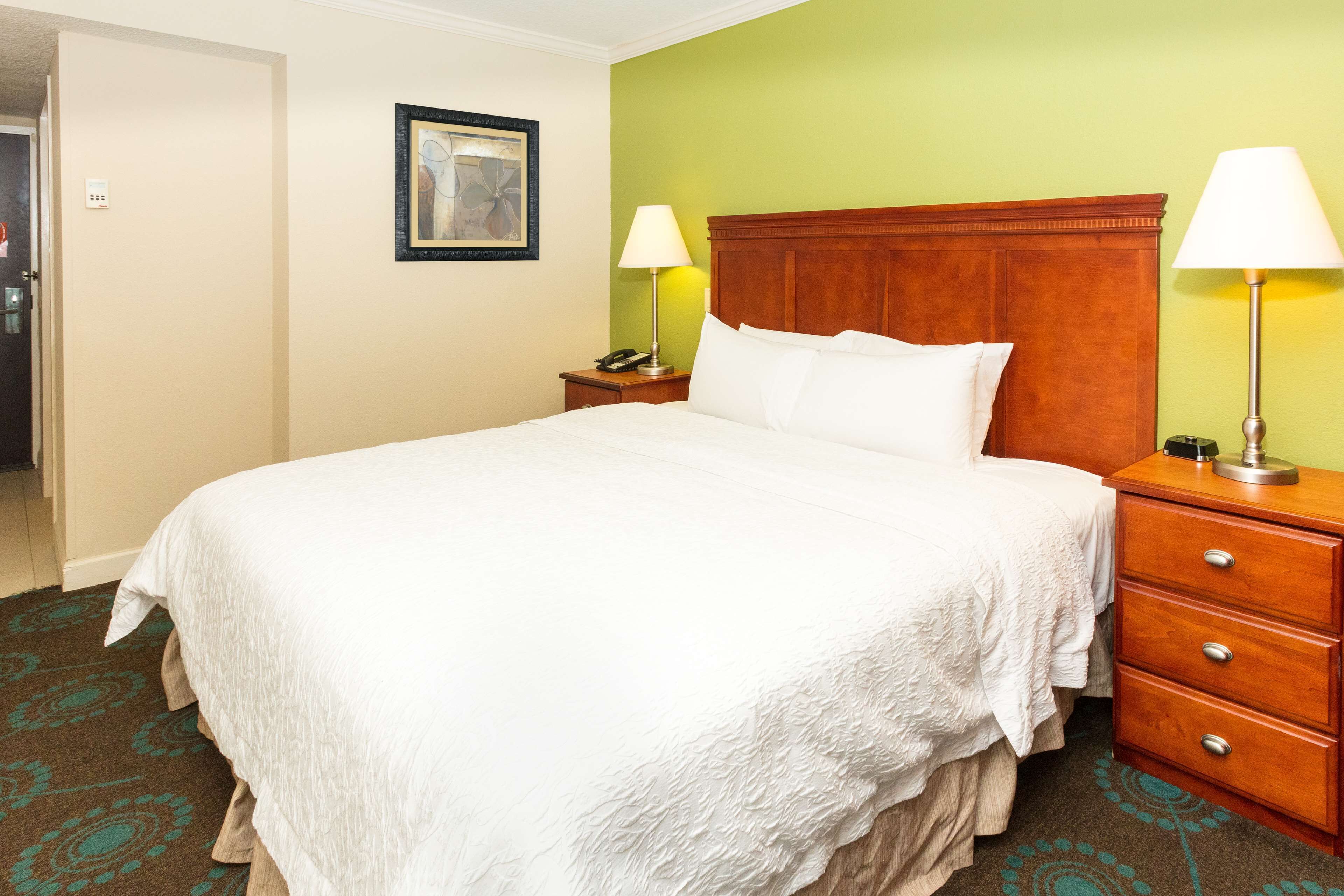 A hotel room with a large bed, two bedside tables with lamps, a wooden headboard, a framed picture on the wall, and a carpeted floor.