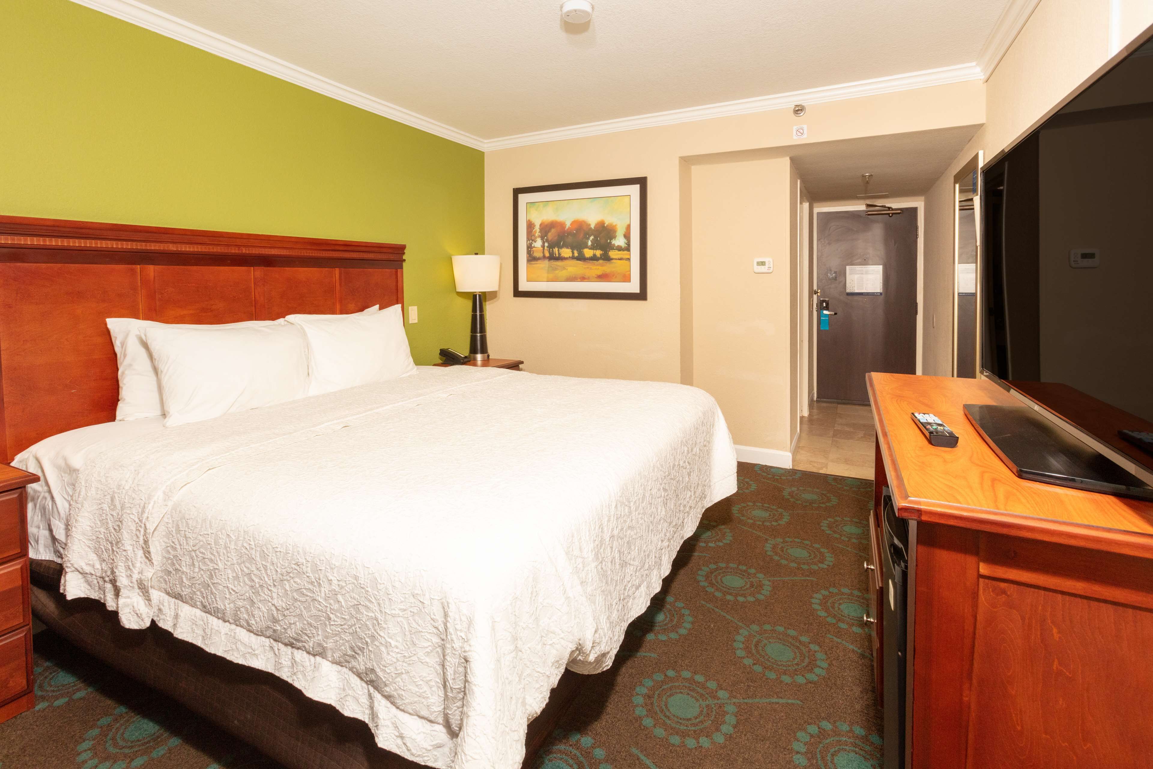 A hotel room with a large bed, a desk with a television, a nightstand, and a painting on the wall.