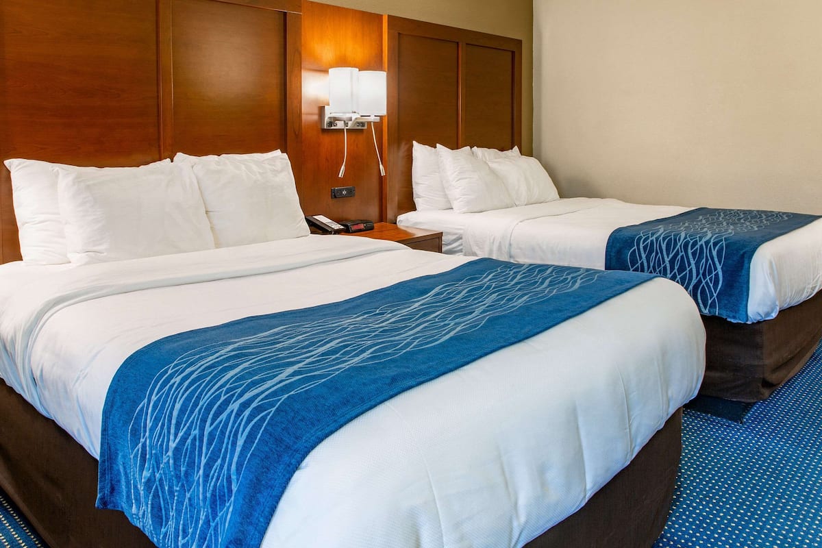 A hotel room with two beds, each with white bedding and blue throw blankets. There is a wooden headboard, a nightstand with a lamp, and a phone on the nightstand.