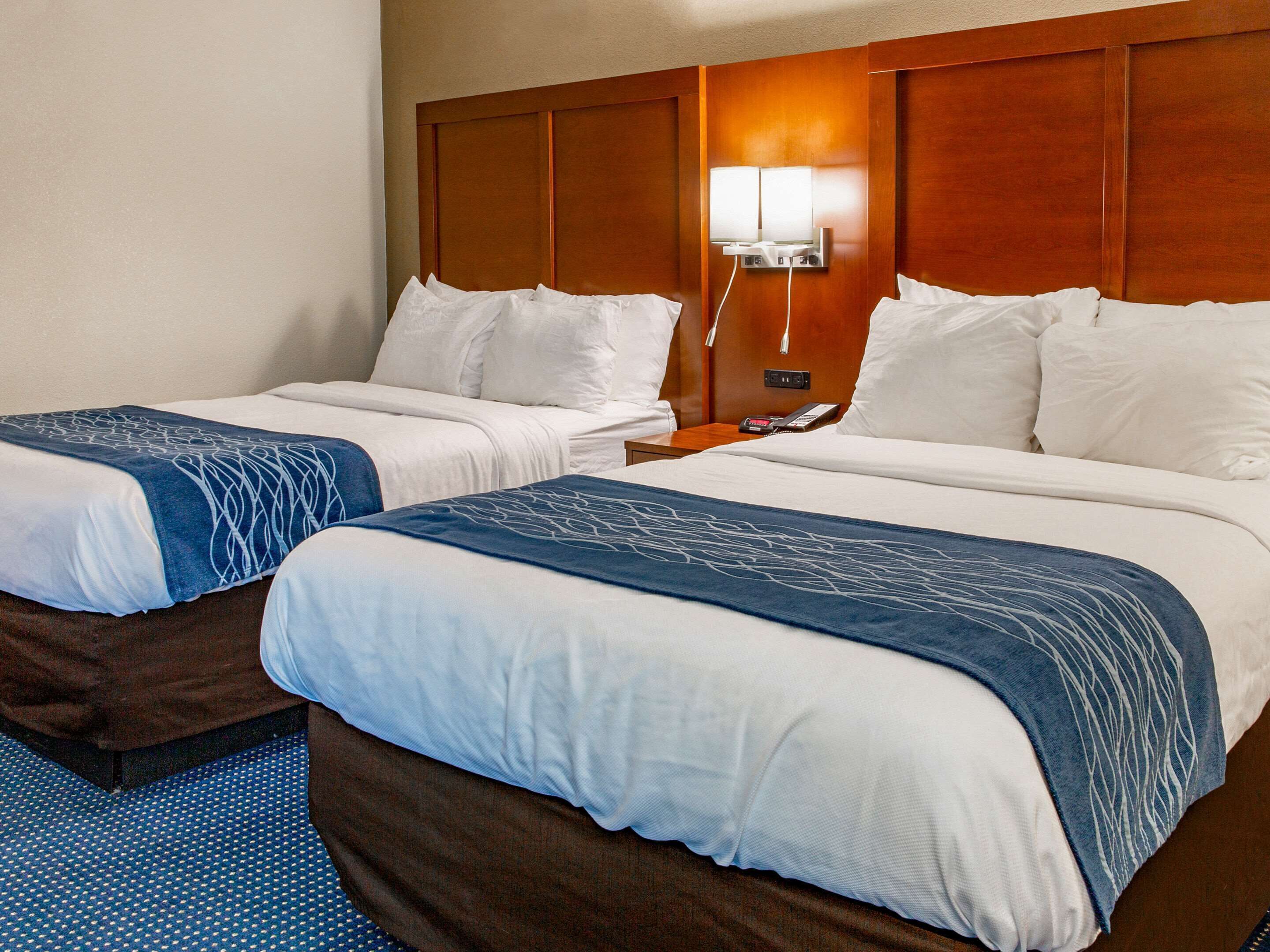 Habitación de hotel con dos camas, cada una con ropa blanca y almohadones azules. Tiene un cabecero de madera, una mesita de noche con teléfono y una lámpara de pared.