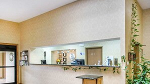 A reception area with a reception desk, a large mirror, a small wooden cabinet, and a potted plant.