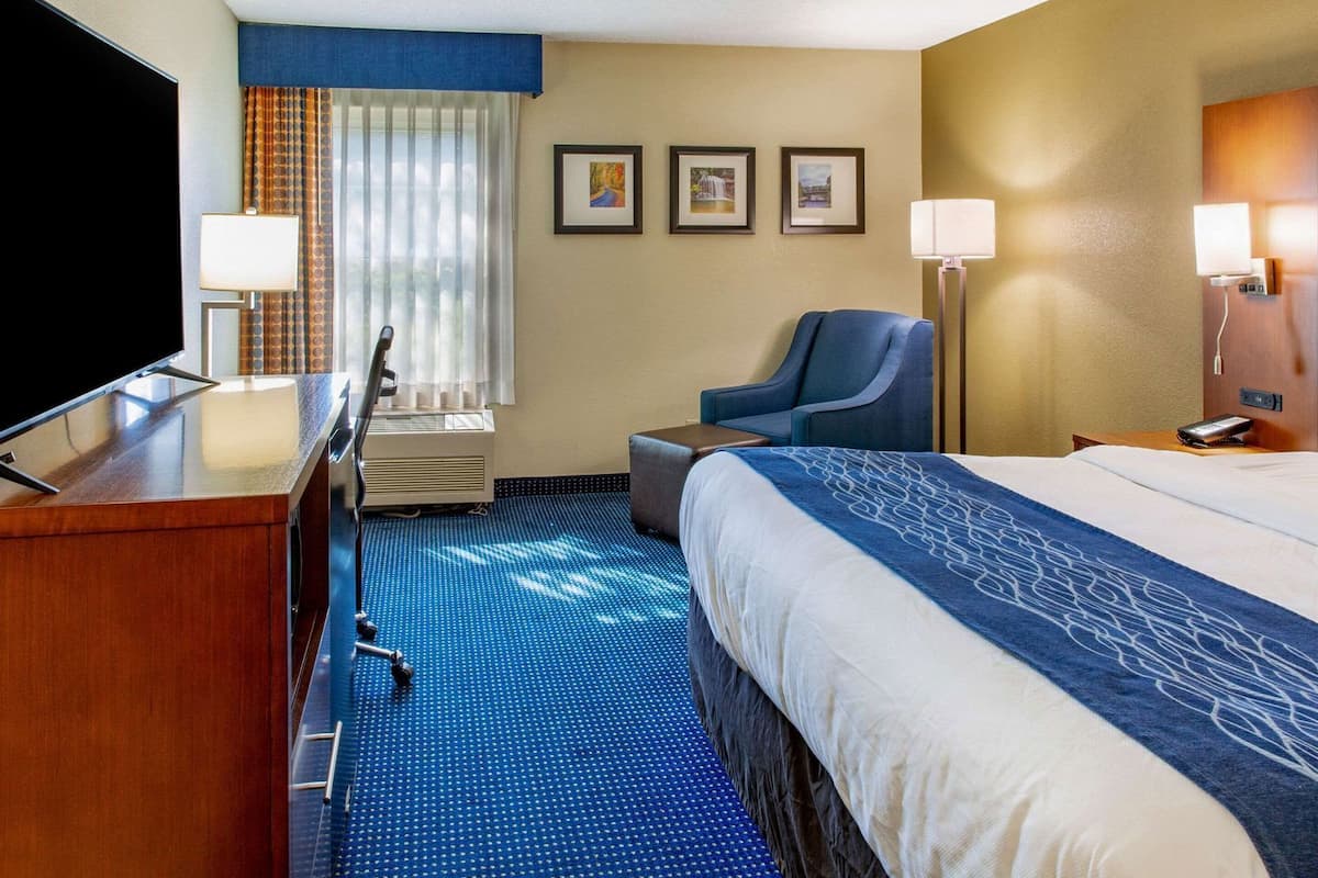 A hotel room with a bed, a desk with a TV, a chair, a desk lamp, and a wall with three framed pictures.
