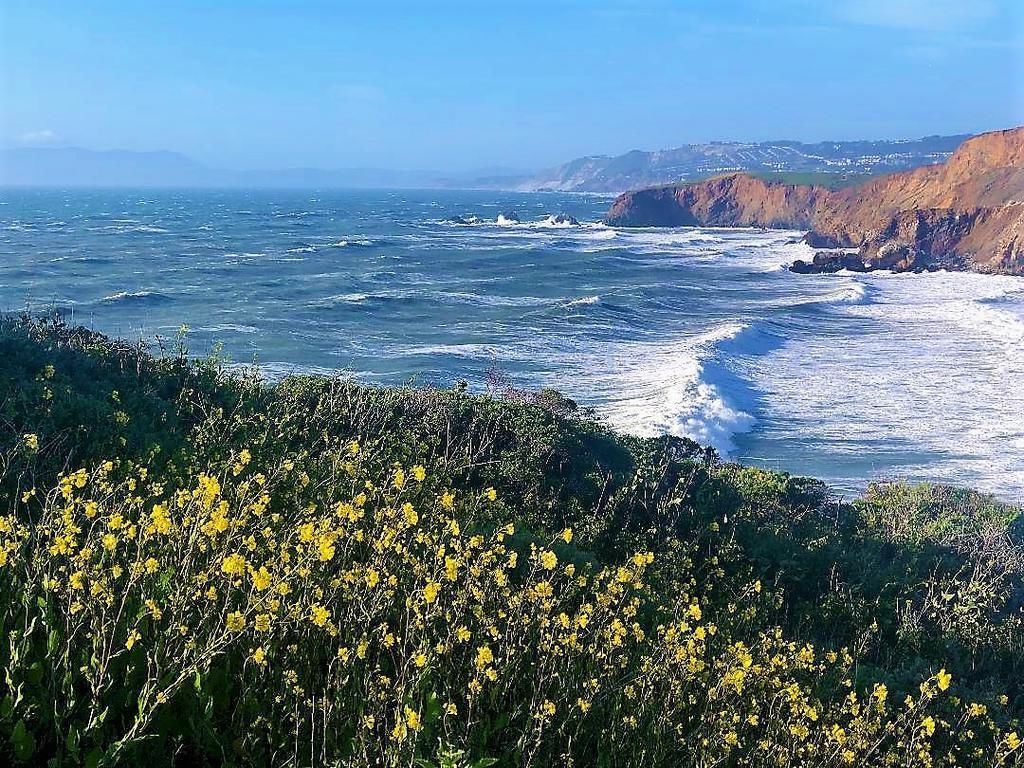 A coastal landscape with a rocky cliff and ocean waves.