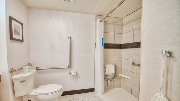 A bathroom with a toilet, handrails, a shower area, and a towel rack. - Hampton Inn by Hilton St. Catharines Niagara (St. Catharines)