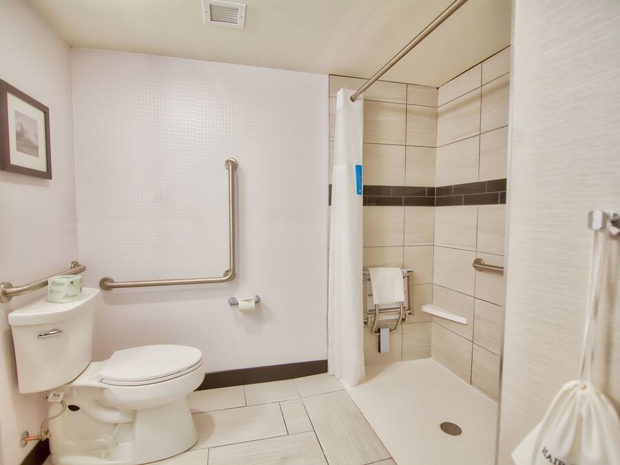 Un baño con inodoro, barras de apoyo, zona de ducha y un perchero para toallas.
