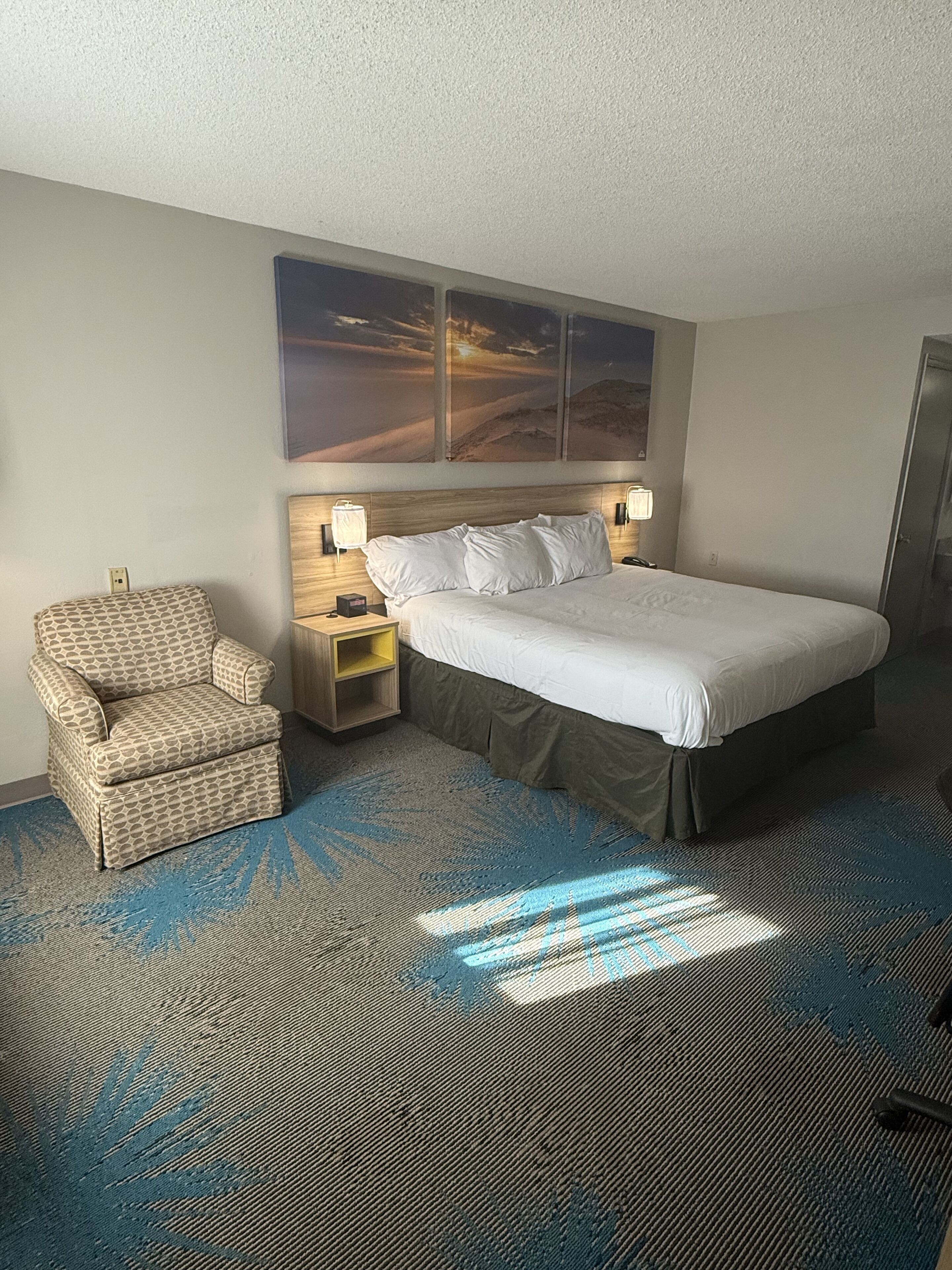 A hotel room with a bed, a chair, a nightstand, and a wall-mounted picture.