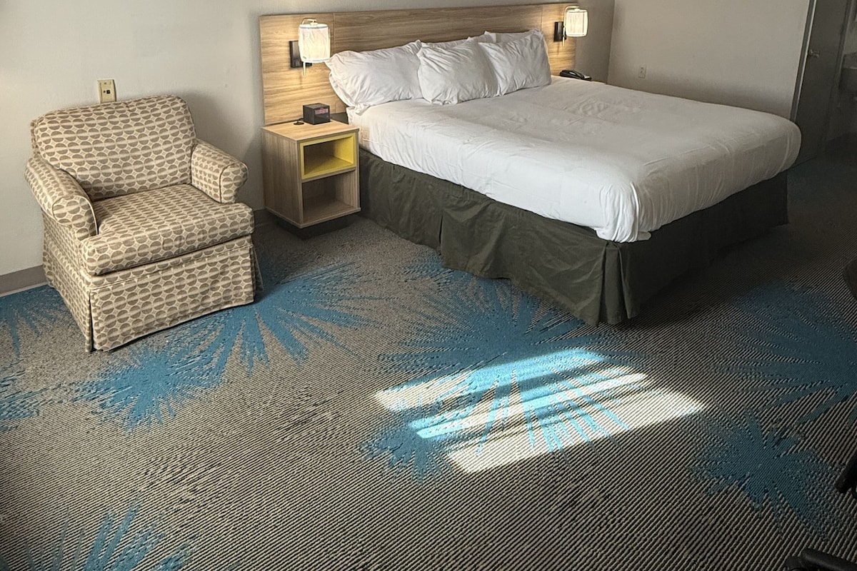 Una habitación de hotel con una cama, una silla, una mesita de noche y un cuadro colgado en la pared.