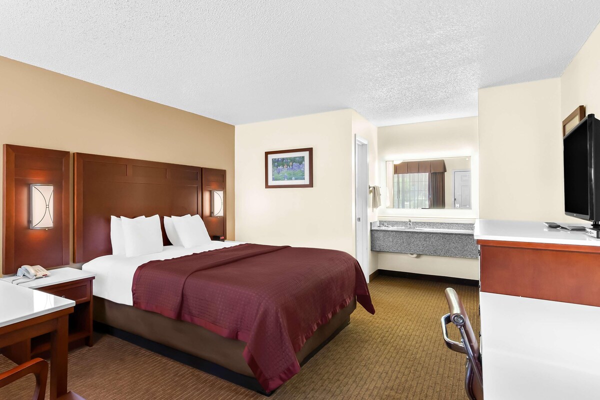 Une chambre d’hôtel équipée d’un lit, d’un bureau, d’une chaise et d’un téléviseur.