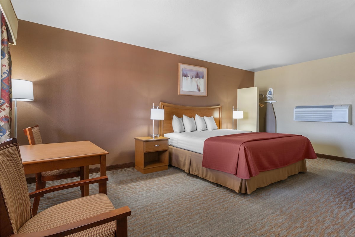 A hotel room with a bed, a desk, a chair, a nightstand, a lamp, and a painting on the wall.