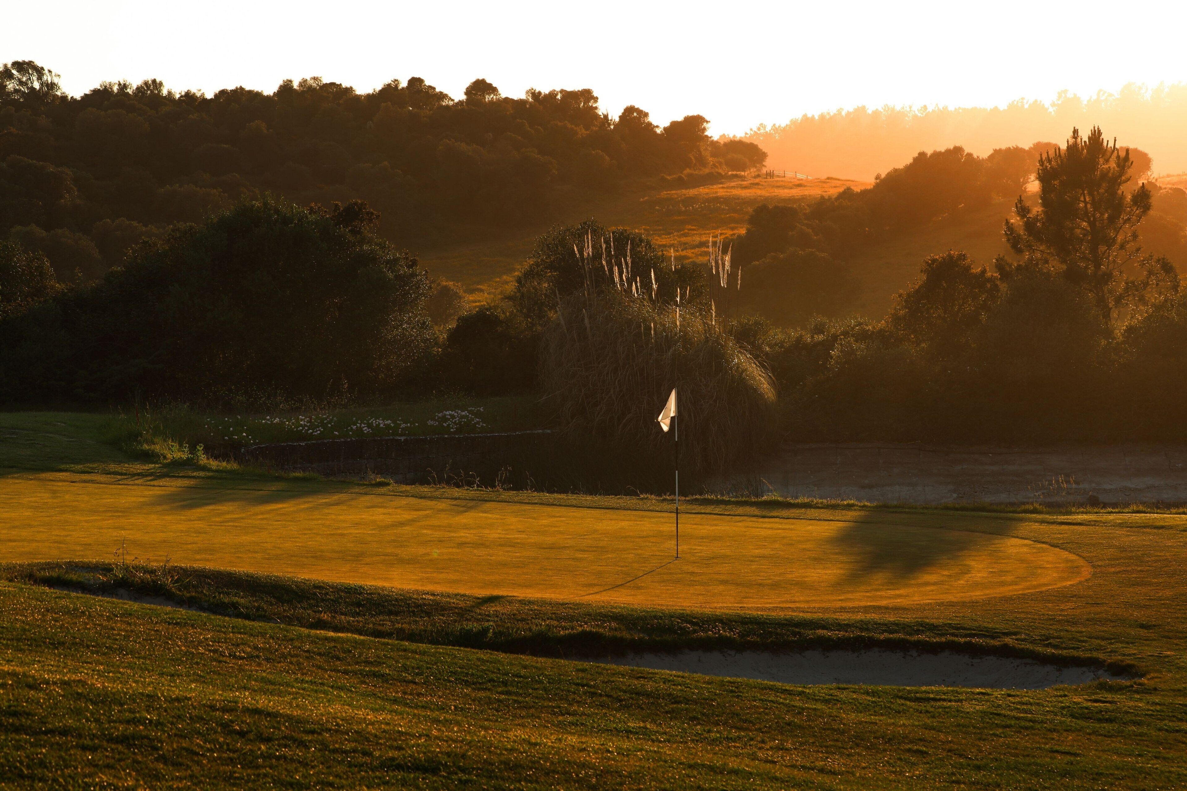 Un campo de golf con un mástil de bandera en el centro, rodeado de árboles y un obstáculo acuático.